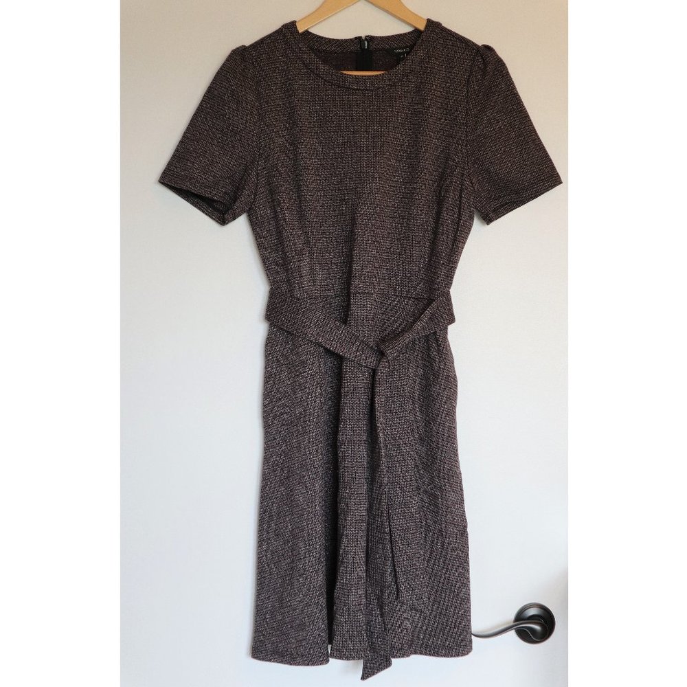 Black, Gray, and Plum Houndstooth Short Sleeve Fit and Flare Dress with Belt